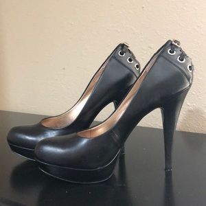 Corset backed black platform BCBG heels